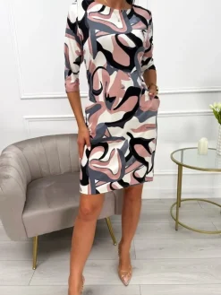 Kremowa Sukienka ze Wzorem i Kieszeniami 13732-53-Q|Modna Kiecka Fashion