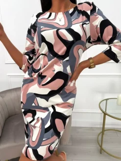Kremowa Sukienka ze Wzorem i Kieszeniami 13732-53-Q|Modna Kiecka Fashion
