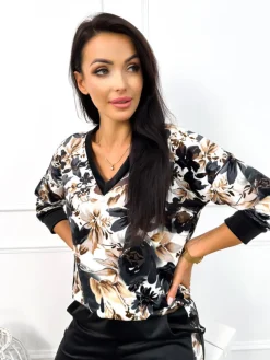 Kremowa Welurowa Bluza z Motywem Roślinnym 13018-47|Modna Kiecka Online