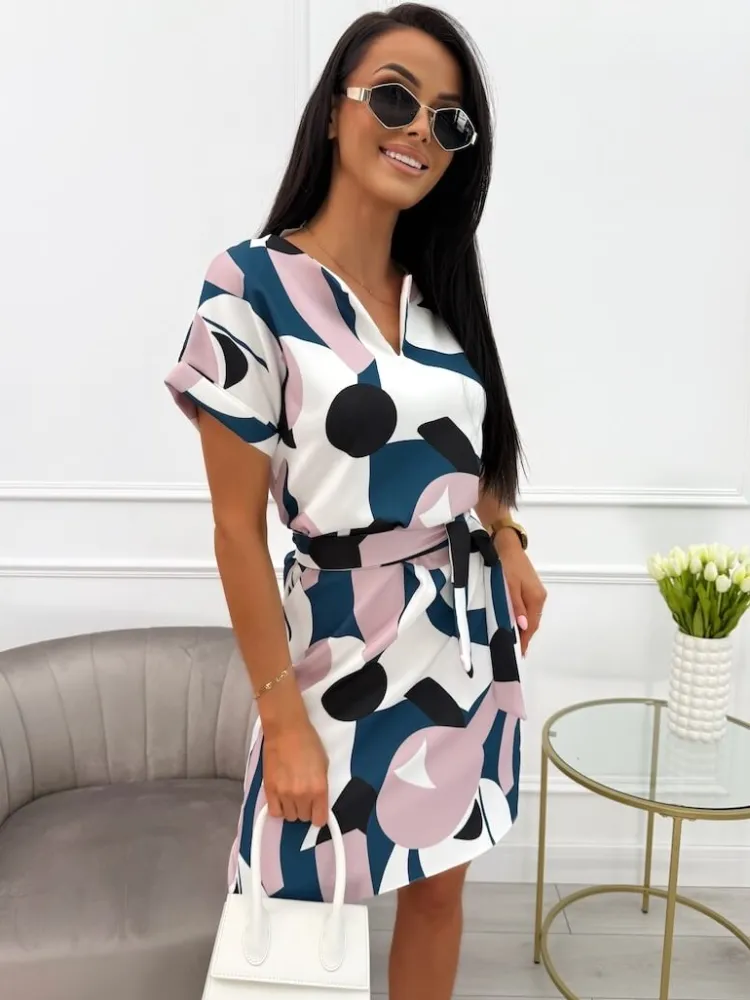 Kremowa Wzorzysta Sukienka z Paskiem 13890-333-Q|Modna Kiecka Outlet