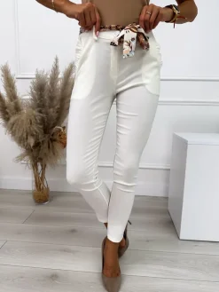 Kremowe Spodnie z Paskiem 10429-190-D|Modna Kiecka Sale