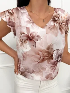 Kremowo-Brązowa Bluzeczka w Kwiaty 13486-358-Q|Modna Kiecka Discount