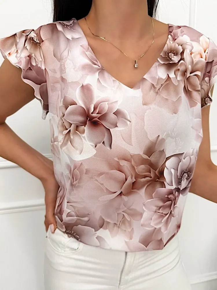 Kremowo-Brązowa Bluzeczka w Kwiaty 13486-358-Q|Modna Kiecka Discount