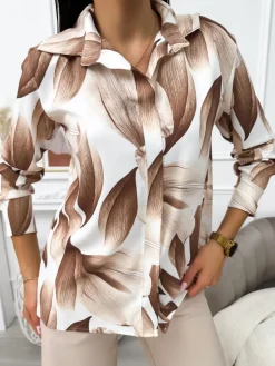 Kremowo-Brązowa Bluzka w Liście 11609-422-A|Modna Kiecka Clearance