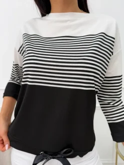 Kremowo-Czarna Bluzka w Paski 13579-245-B|Modna Kiecka Clearance