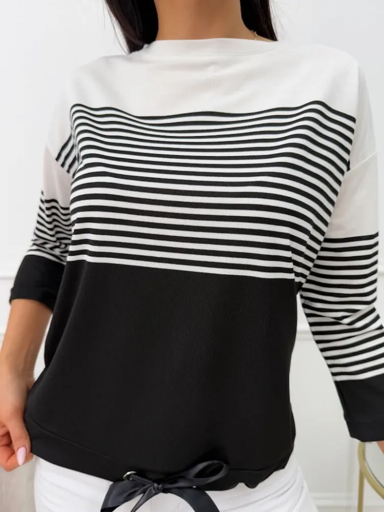 Kremowo-Czarna Bluzka w Paski 13579-245-B|Modna Kiecka Clearance