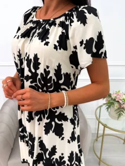 Kremowo-Czarna Sukienka ze Wzorem  14057-503-C|Modna Kiecka Fashion