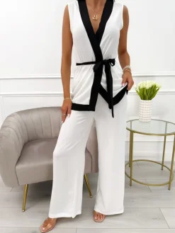 Kremowo-Czarny Komplet z Paskiem Narzutka + Spodnie 13952-16-A|Modna Kiecka Fashion