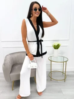 Kremowo-Czarny Komplet z Paskiem Narzutka + Spodnie 13952-16-A|Modna Kiecka Fashion