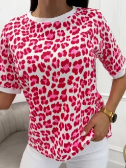 Kremowo-Czerwony T-shirt w Panterkę 13763-117-A|Modna Kiecka Fashion