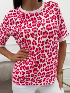 Kremowo-Czerwony T-shirt w Panterkę 13763-117-A|Modna Kiecka Fashion