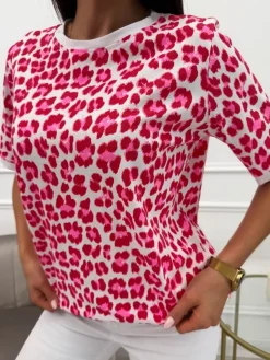Kremowo-Czerwony T-shirt w Panterkę 13763-117-A|Modna Kiecka Fashion