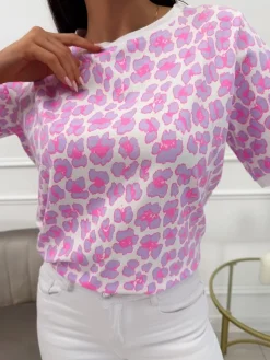 Kremowo-Fioletowy T-shirt w Panterkę 13763-117-B|Modna Kiecka Discount