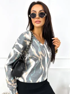 Kremowo-Grafitowy Wzorzysty Sweterek z Dekoltem V 12834-356-C|Modna Kiecka Fashion