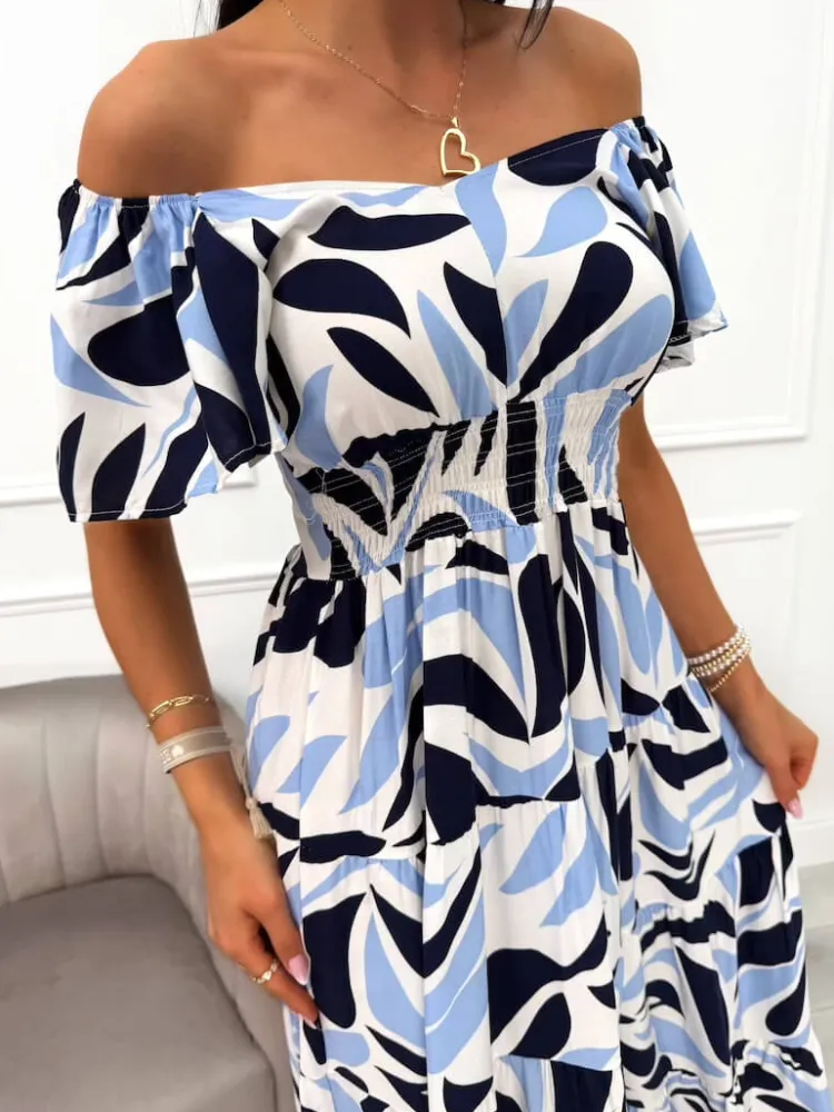 Kremowo-Granatowo-Niebieska Sukienka Maxi 14039-402-C|Modna Kiecka Clearance