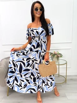 Kremowo-Granatowo-Niebieska Sukienka Maxi 14039-402-C|Modna Kiecka Clearance
