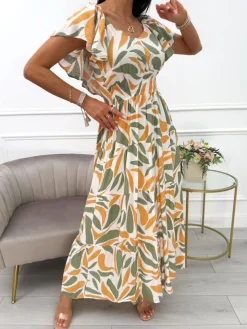 Kremowo-Musztardowo-Zielona Sukienka Maxi 14039-402-A|Modna Kiecka Hot