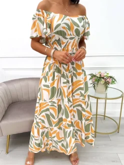 Kremowo-Musztardowo-Zielona Sukienka Maxi 14039-402-A|Modna Kiecka Hot