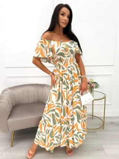Kremowo-Musztardowo-Zielona Sukienka Maxi 14039-402-A|Modna Kiecka Hot