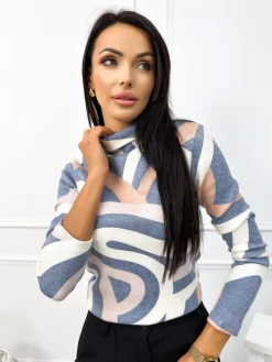 Kremowo-Niebieski Wzorzysty Sweterek z Golfem 12925-241|Modna Kiecka Fashion
