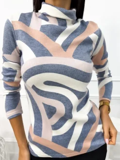 Kremowo-Niebieski Wzorzysty Sweterek z Golfem 12925-241|Modna Kiecka Fashion