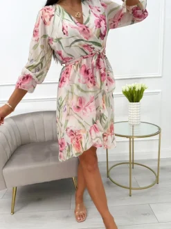 Kremowo-Pudrowa Sukienka w Roślinny Wzór z Falbanką 13849-403-B|Modna Kiecka Discount