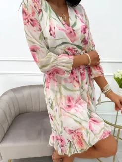 Kremowo-Pudrowa Sukienka w Roślinny Wzór z Falbanką 13849-403-B|Modna Kiecka Discount