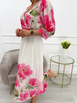 Kremowo-Różowa Sukienka w Kwiaty z Plisowanym Dołem 13855-111-C|Modna Kiecka Fashion