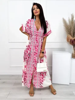 Kremowo-Różowa Sukienka z Motywem Roślinnym 12591-338-B|Modna Kiecka Outlet