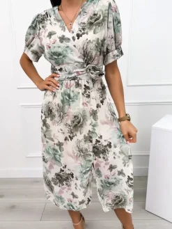 Kremowo-Zielona Kwiecista Sukienka z Ozdobą 12490-360-B|Modna Kiecka Sale