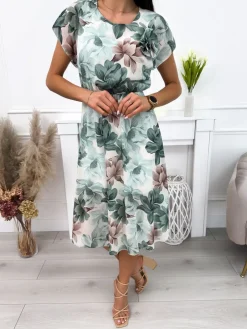 Kremowo-Zielona Sukienka w Kwiaty 12255-278-B|Modna Kiecka Sale