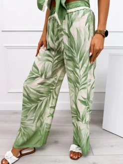 Kremowo-Zielone Szerokie Spodnie 12452-72-B|Modna Kiecka Discount