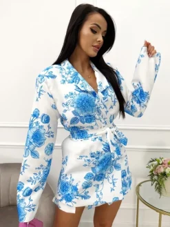 Kremowy Komplet w Niebieski Wzór Marynarka Oversize + Spódnico-Spodenki 13569-511-A|Modna Kiecka Discount