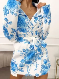 Kremowy Komplet w Niebieski Wzór Marynarka Oversize + Spódnico-Spodenki 13569-511-A|Modna Kiecka Discount