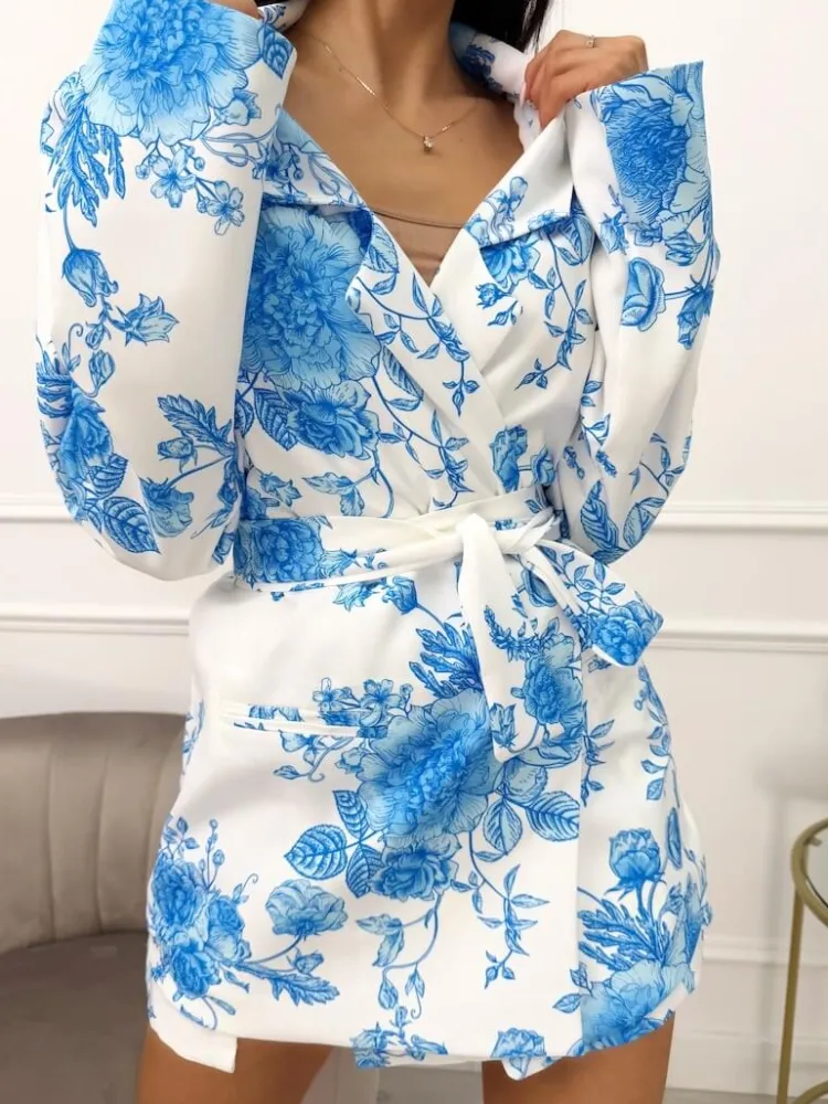 Kremowy Komplet w Niebieski Wzór Marynarka Oversize + Spódnico-Spodenki 13569-511-A|Modna Kiecka Discount