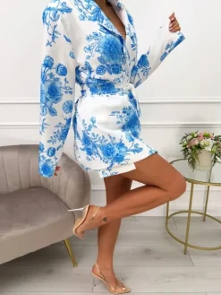Kremowy Komplet w Niebieski Wzór Marynarka Oversize + Spódnico-Spodenki 13569-511-A|Modna Kiecka Discount