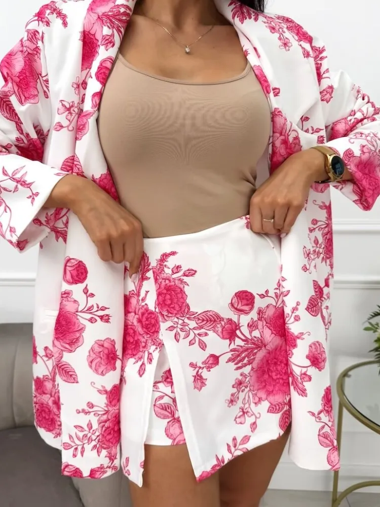 Kremowy Komplet w Różowy Wzór Marynarka Oversize + Spódnico-Spodenki 13569-511-B|Modna Kiecka Outlet
