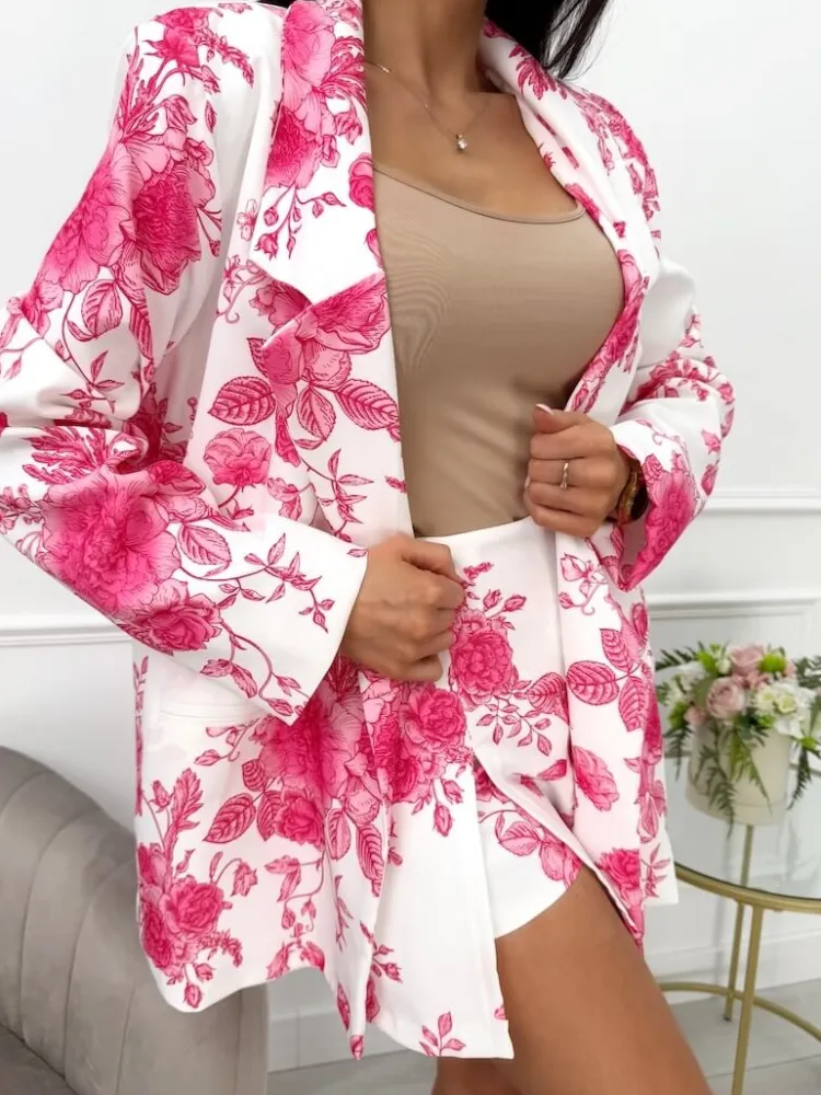 Kremowy Komplet w Różowy Wzór Marynarka Oversize + Spódnico-Spodenki 13569-511-B|Modna Kiecka Outlet