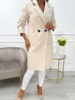 Kremowy Płaszcz z Kieszeniami 10793-280-N|Modna Kiecka Fashion