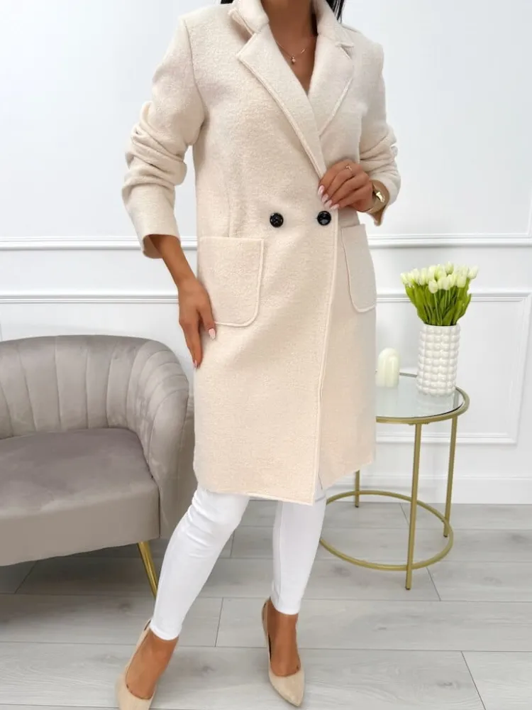 Kremowy Płaszcz z Kieszeniami 10793-280-N|Modna Kiecka Fashion