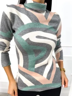 Kremowy Sweterek w Szaro-Zielony Wzór z Golfem 13068-267|Modna Kiecka Outlet