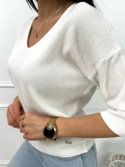 Kremowy Sweterek z Dekoltem V 13441-321-F|Modna Kiecka Discount