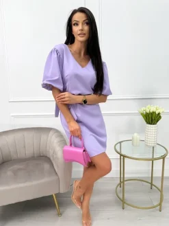 Lawendowa Sukienka z Bufiastymi Rękawami i Paskiem 13693-74-B|Modna Kiecka Outlet