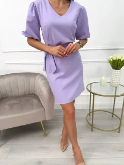 Lawendowa Sukienka z Bufiastymi Rękawami i Paskiem 13693-74-B|Modna Kiecka Outlet