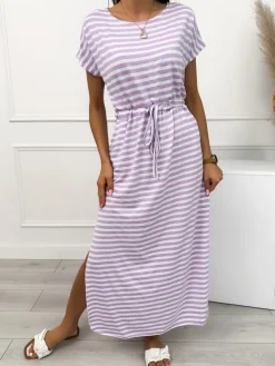 Lawendowo-Biała Sukienka w Paski z Kieszeniami 12560-140-E|Modna Kiecka Fashion