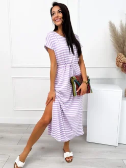 Lawendowo-Biała Sukienka w Paski z Kieszeniami 12560-140-E|Modna Kiecka Fashion