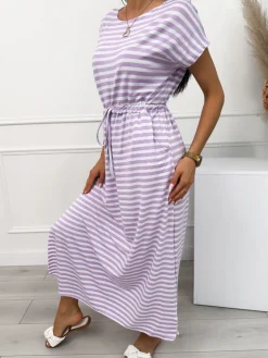 Lawendowo-Biała Sukienka w Paski z Kieszeniami 12560-140-E|Modna Kiecka Fashion