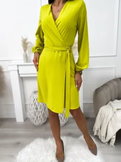 Limonkowa Kopertowa Sukienka z Paskiem 11382-193-D|Modna Kiecka Hot