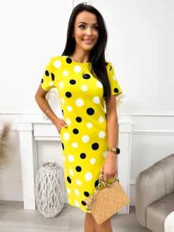 Limonkowa Sukienka w Grochy 11717-248-F|Modna Kiecka Online
