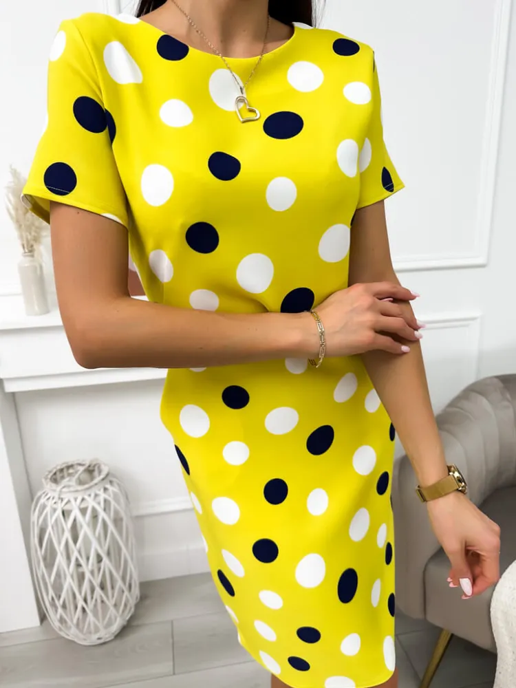 Limonkowa Sukienka w Grochy 11717-248-F|Modna Kiecka Online